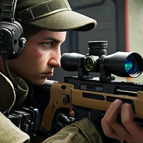**A gamer intensely focused on a screen, customizing a rifle with various attachments (scopes, grips, etc.). The background shows a virtual armory or weapon customization interface.** (Focus: Weapon Customization)