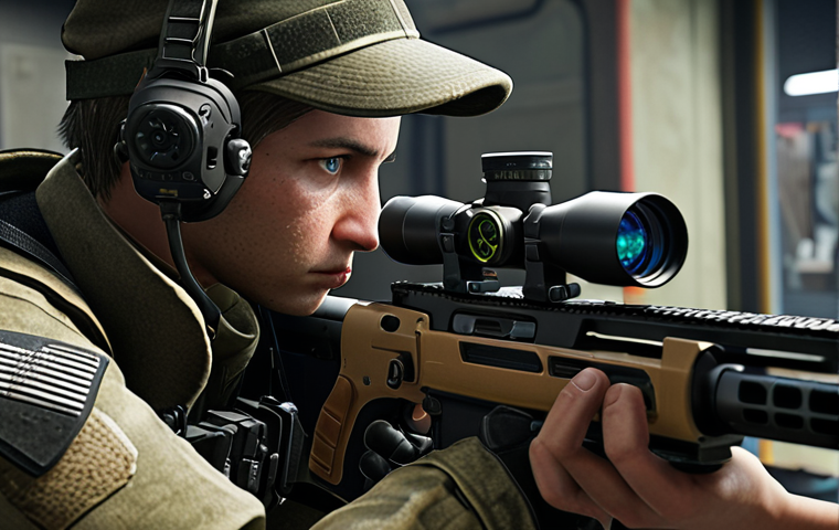 **A gamer intensely focused on a screen, customizing a rifle with various attachments (scopes, grips, etc.). The background shows a virtual armory or weapon customization interface.** (Focus: Weapon Customization)