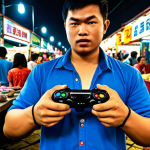 A gamer comfortably holding a controller, immersed in a fighting game, set in a vibrant, bustling Malaysian night market ("pasar malam"). The scene should highlight the ergonomic design of the controller and the excitement of the game.
