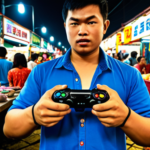 A gamer comfortably holding a controller, immersed in a fighting game, set in a vibrant, bustling Malaysian night market ("pasar malam"). The scene should highlight the ergonomic design of the controller and the excitement of the game.