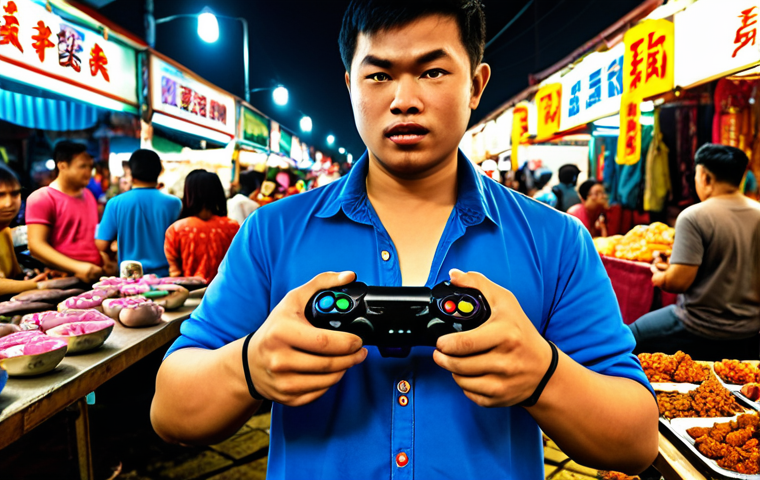 A gamer comfortably holding a controller, immersed in a fighting game, set in a vibrant, bustling Malaysian night market ("pasar malam"). The scene should highlight the ergonomic design of the controller and the excitement of the game.