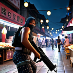 ** "A vibrant FPS game scene, featuring a character sliding through a bustling Malaysian pasar malam (night market), dodging bullets while customizing a futuristic senjata (weapon) with batik-inspired attachments. Dynamic lighting, action shot."

**