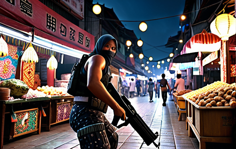 ** "A vibrant FPS game scene, featuring a character sliding through a bustling Malaysian pasar malam (night market), dodging bullets while customizing a futuristic senjata (weapon) with batik-inspired attachments. Dynamic lighting, action shot."
**
