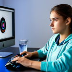 A focused young adult gamer, fully clothed in modest, comfortable athletic wear, sitting calmly at a clean, modern desk in a well-lit gaming room. Their expression shows deep concentration and mental clarity. On the desk, a high-performance gaming setup is visible, alongside a glass of water and a small bowl of fruit. The overall scene emphasizes the importance of good physical and mental health for peak gaming performance. This image promotes a professional and healthy gaming lifestyle. safe for work, appropriate content, fully clothed, professional, perfect anatomy, correct proportions, natural pose, well-formed hands, proper finger count, natural body proportions, professional photography, high quality image, clean background, studio lighting.