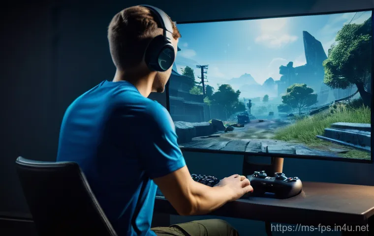 게임패드로 FPS 게임을 잘하는 법 - **A diverse group of 3-4 gamers collaborating intensely in a competitive team-based FPS scenario.** ...