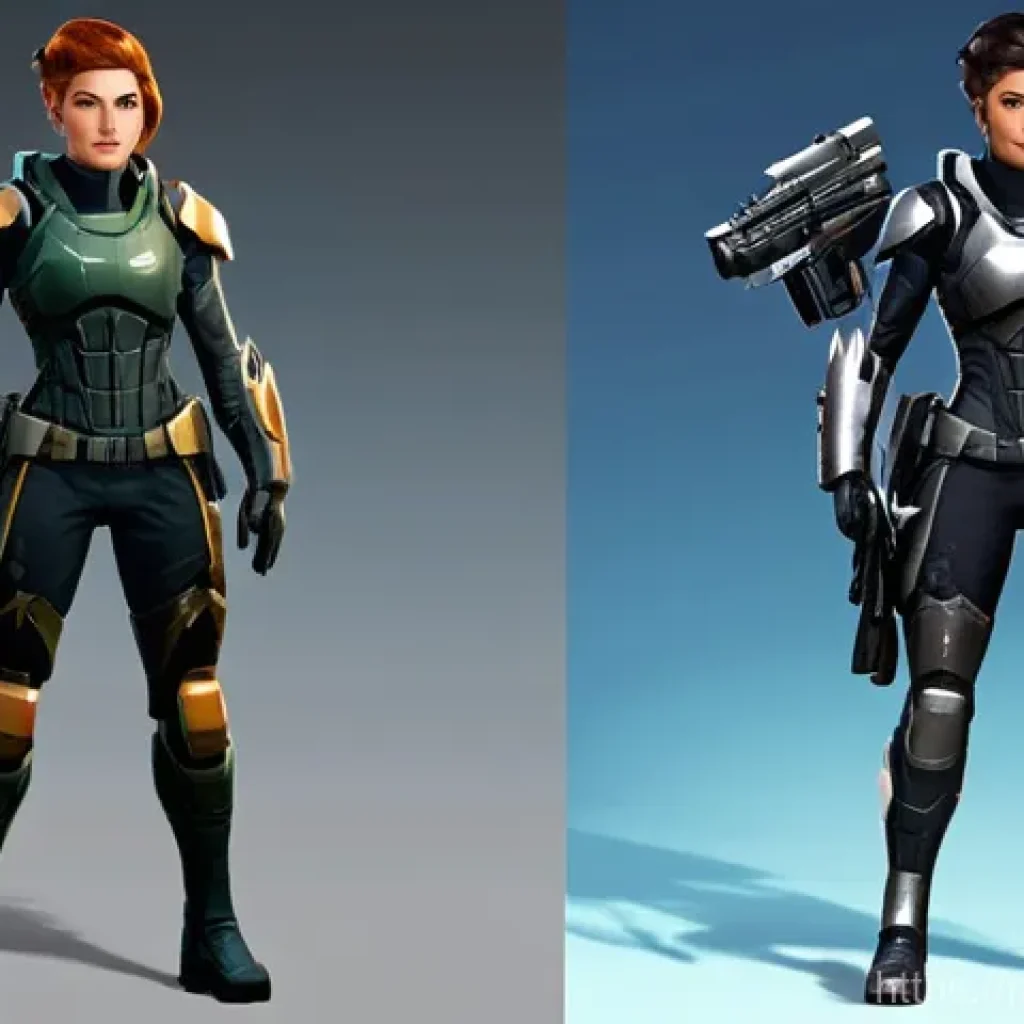 FPS 게임 속 여성 캐릭터 비중 분석 - **Prompt:** "A powerful female FPS character standing confidently, depicting her evolution. On the l...