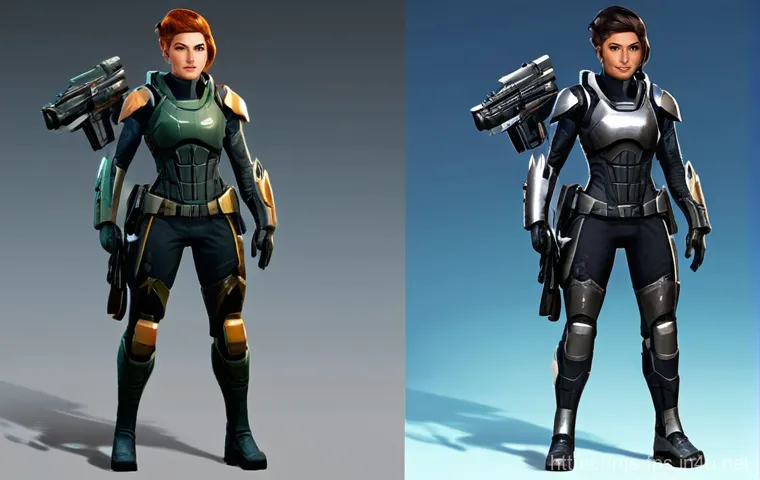 FPS 게임 속 여성 캐릭터 비중 분석 - **Prompt:** "A powerful female FPS character standing confidently, depicting her evolution. On the l...