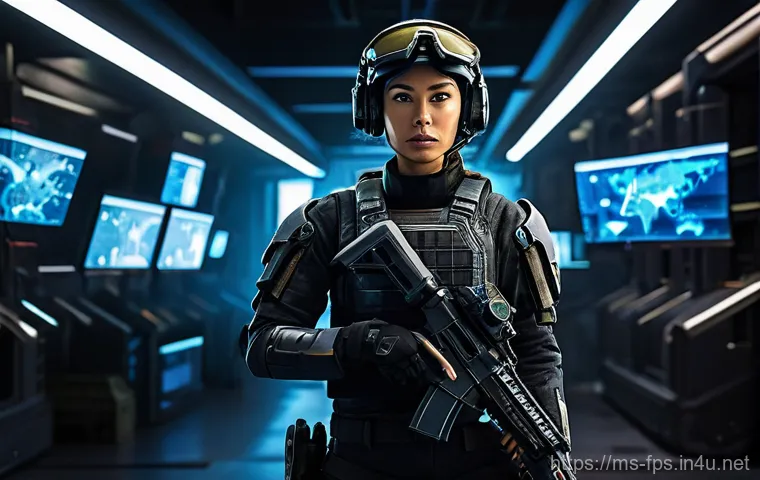 FPS 게임 속 여성 캐릭터 비중 분석 - **Prompt:** "A powerful female FPS character standing confidently, depicting her evolution. On the l...