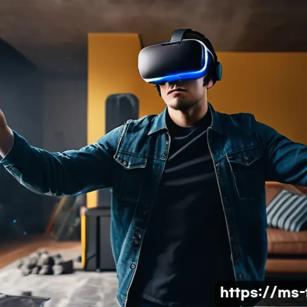 VR FPS와 AR FPS의 주요 차별점 - A detailed scene of a young adult male wearing a VR headset and motion controllers, fully immersed i...