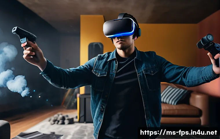 VR FPS와 AR FPS의 주요 차별점 - A detailed scene of a young adult male wearing a VR headset and motion controllers, fully immersed i...