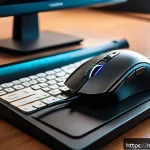 FPS 속도 조작을 위한 DPI 설정 - A detailed close-up scene of a Malaysian gamer&rsquo;s desk setup in a well-lit room during daytime, featu...