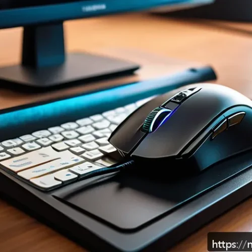 FPS 속도 조작을 위한 DPI 설정 - A detailed close-up scene of a Malaysian gamer&rsquo;s desk setup in a well-lit room during daytime, featu...