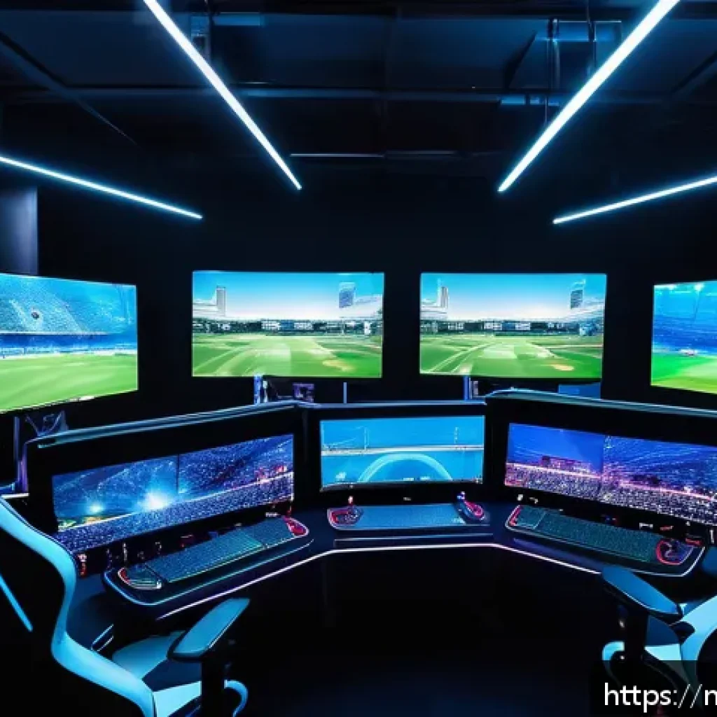 FPS e스포츠와 일반 대회 운영 차이 - A high-tech esports FPS tournament venue in Kuala Lumpur, featuring rows of identical gaming station...