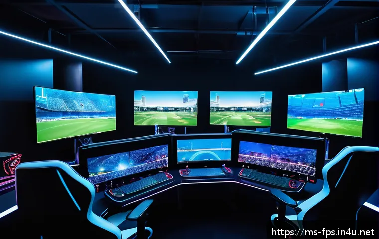FPS e스포츠와 일반 대회 운영 차이 - A high-tech esports FPS tournament venue in Kuala Lumpur, featuring rows of identical gaming station...