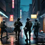 게임패스에서 즐길 수 있는 FPS - A highly detailed scene of a tactical multiplayer FPS game set in a dense urban environment during d...