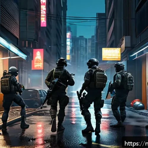 게임패스에서 즐길 수 있는 FPS - A highly detailed scene of a tactical multiplayer FPS game set in a dense urban environment during d...