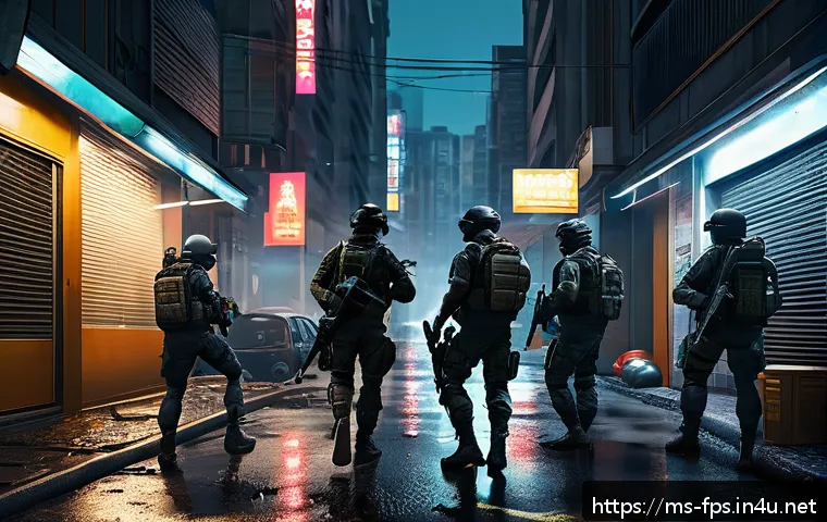 게임패스에서 즐길 수 있는 FPS - A highly detailed scene of a tactical multiplayer FPS game set in a dense urban environment during d...