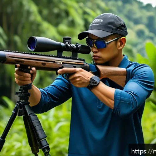 정확도 높은 저격수 되기 위한 팁 - A focused male shooter standing in an outdoor shooting range in Malaysia, wearing casual tactical cl...