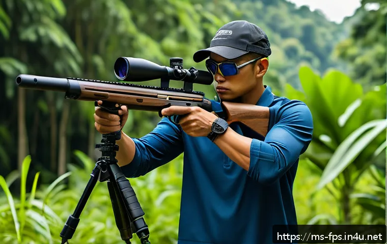 정확도 높은 저격수 되기 위한 팁 - A focused male shooter standing in an outdoor shooting range in Malaysia, wearing casual tactical cl...
