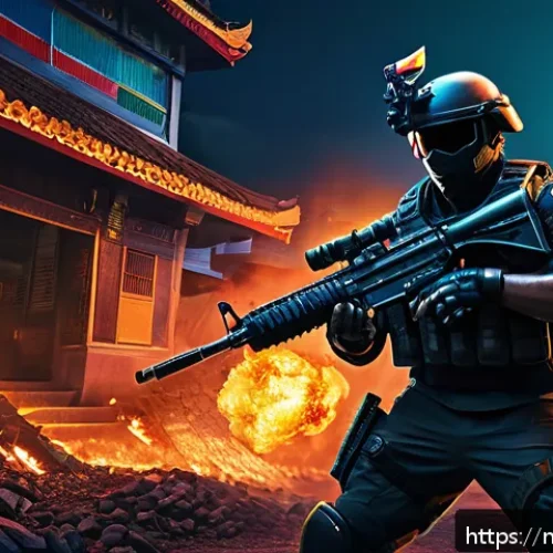 FPS 게임 광고에 나타난 트렌드 - A dynamic FPS game advertisement scene featuring a heroic Malaysian warrior clad in tactical combat ...