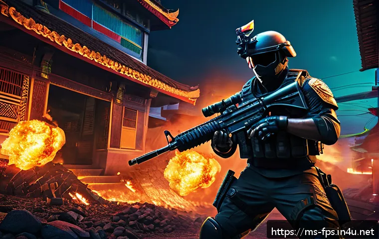 FPS 게임 광고에 나타난 트렌드 - A dynamic FPS game advertisement scene featuring a heroic Malaysian warrior clad in tactical combat ...