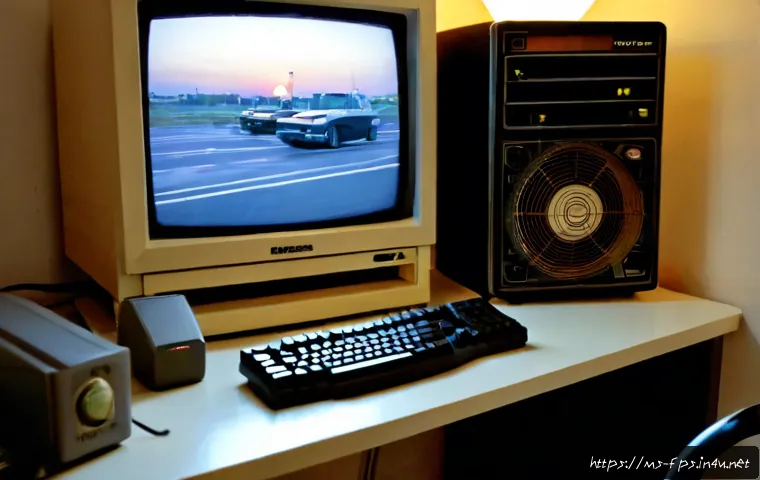 Home 17 레트로 FPS의 매력과 재평가 - Photorealistic cozy gaming desk in a Malaysian apartment at dusk, a beige retro CRT monitor displayi...