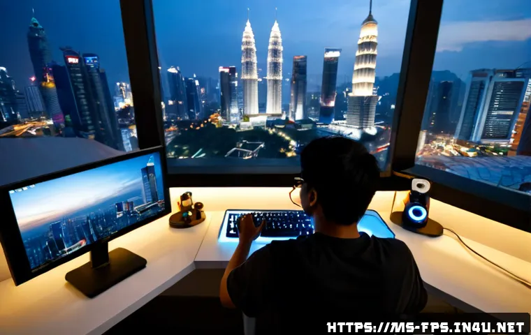 FPS 게임에서 중요한 설정값 조정법 - Photorealistic Malaysian gamer adjusting FPS game settings on a widescreen monitor, over-the-shoulde...